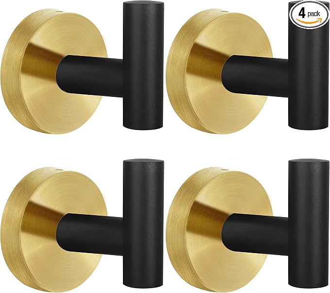 4 Pack Robe Towel Hooks Coat Black Gold Wall Hook Stainless Steel Heavy Duty Door Hanger Towel Robe Clothes Cabinet Closet Sponges Hook for Bathroom Bedroom Kitchen Hotel Pool