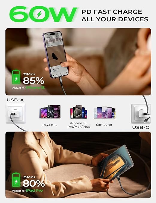 AINOPE USB C to USB C Cable, 2 Pack 6 FT USB C Cable Fast Charging with USB to USB C Adapter, 60W USB to USBC Cable for iPhone 17 Pro Max Air Type C Cable for iPhone 16/15/14/13/12, Black