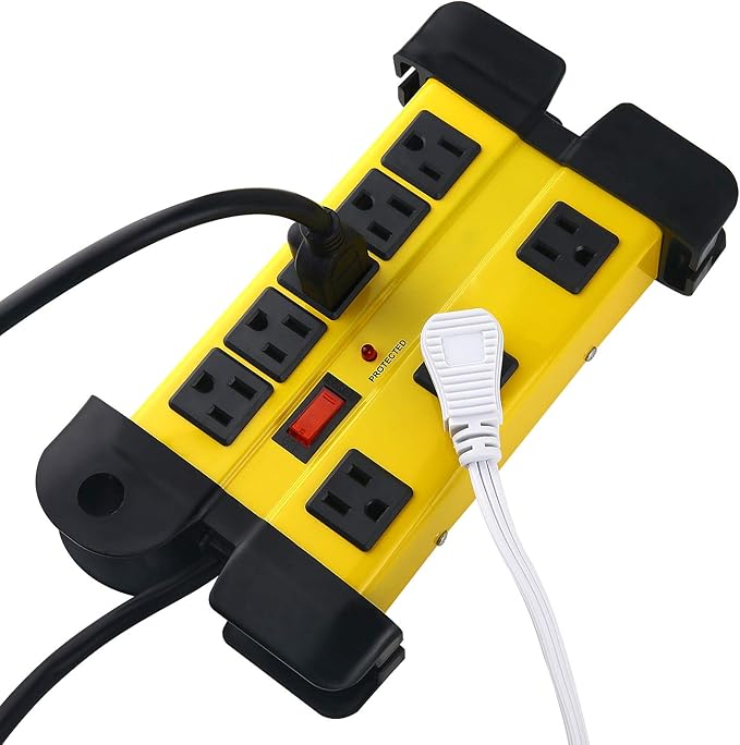 Heavy Duty Surge Protector for Appliances, 8 Outlet Workshop Power Strip with 1200 Joules, Metal with 10 FT Extension Cord and Wide Spaced. Yellow