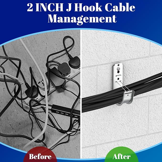 ForoGore 50 Pack 2 Inch J Hook Wall Mount J Hook with Retainer Clip Galvanized Steel Wall Cable Hooks Smooth Round Edge J Hook for Hanging Wire Cable Management & Organization Solution