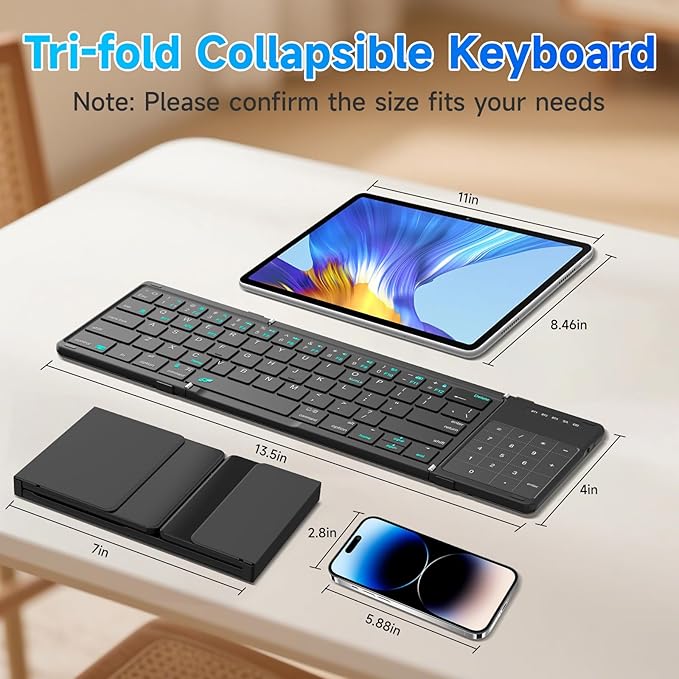 Hllhunkhe Foldable Bluetooth Keyboard with Touchpad, Portable Full Size Keys, Number Pad, Large Trackpad Travel Keyboards for iPad Laptop PC Tablets -Black