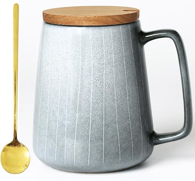 HYTYSKAR 24 OZ Extra Large Ceramic Coffee Mug, with Spoon and Wooden Lid, Big Tea Cups with a Large Handle for Office and Home, Microwave and Dishwasher Safe (24 oz Grey Set)