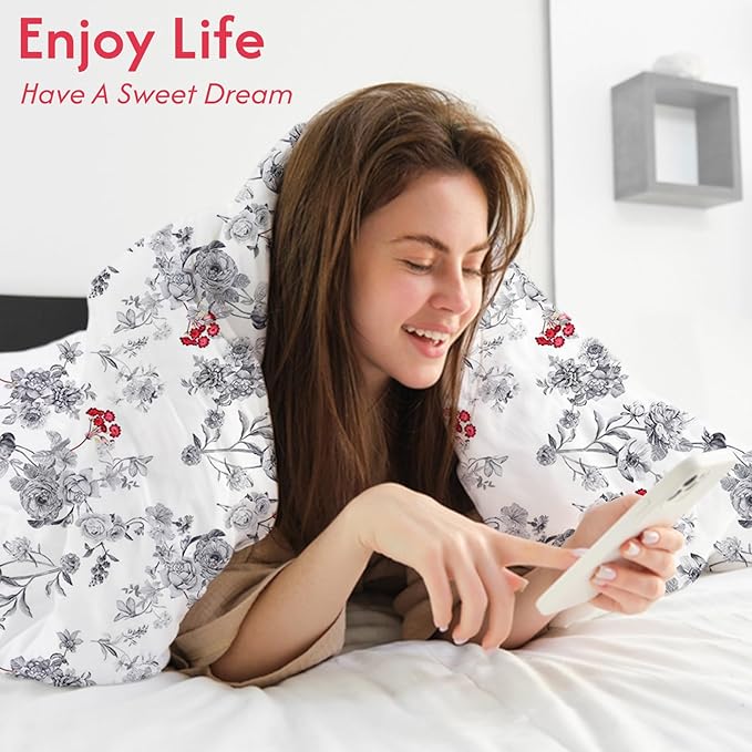 LONAVA King Flower 3 Pcs Duvet Cover Set, Breathable Soft Microfiber White Lining Comforter Cover with Zipper Closure, and 2 Anti-Pilling, Fade Resistant Pillowcases, Gothic Rose