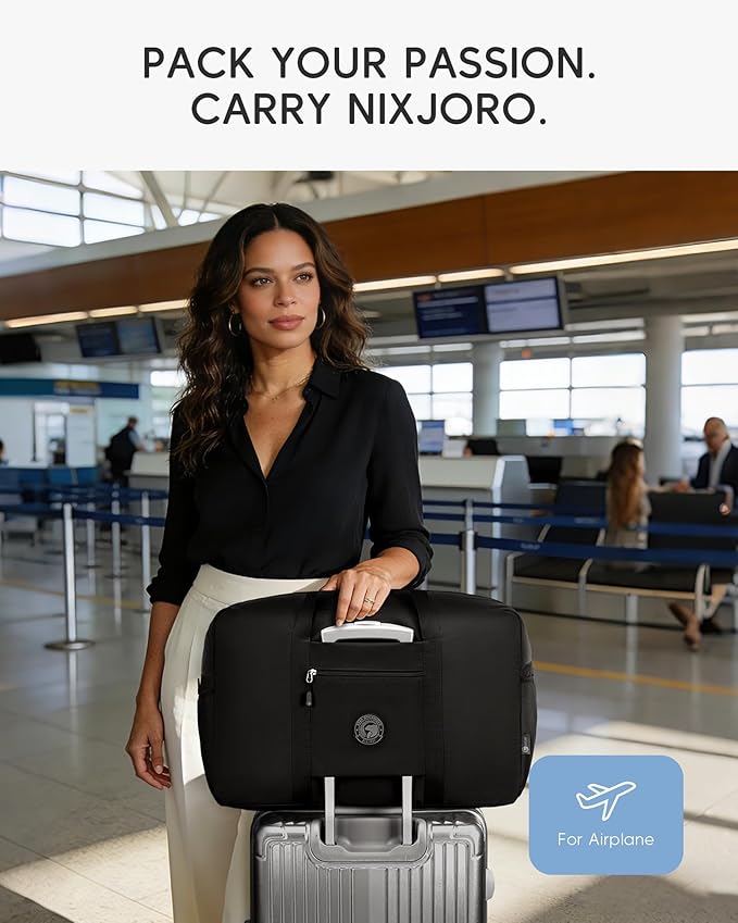 Carry on Bag 22x14x9 Airlines Approved, 48L Canvas Travel Duffel Bags for Men Women Duffle Bag for Airplane Weekender Overnight Gym (Black)