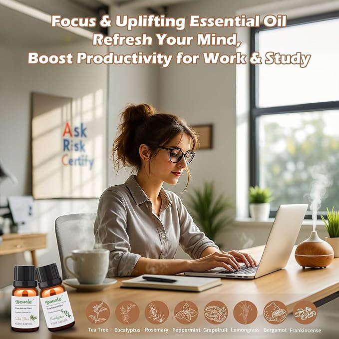 Dohale Essential Oils Set Acacia Wood Gift Box - Uplift, Energize, Refresh, Top 8 Aromatherapy Oils for Diffuser Hotel Scent Home Fragrance Candle Making Grapefruit, Peppermint & More 10ml