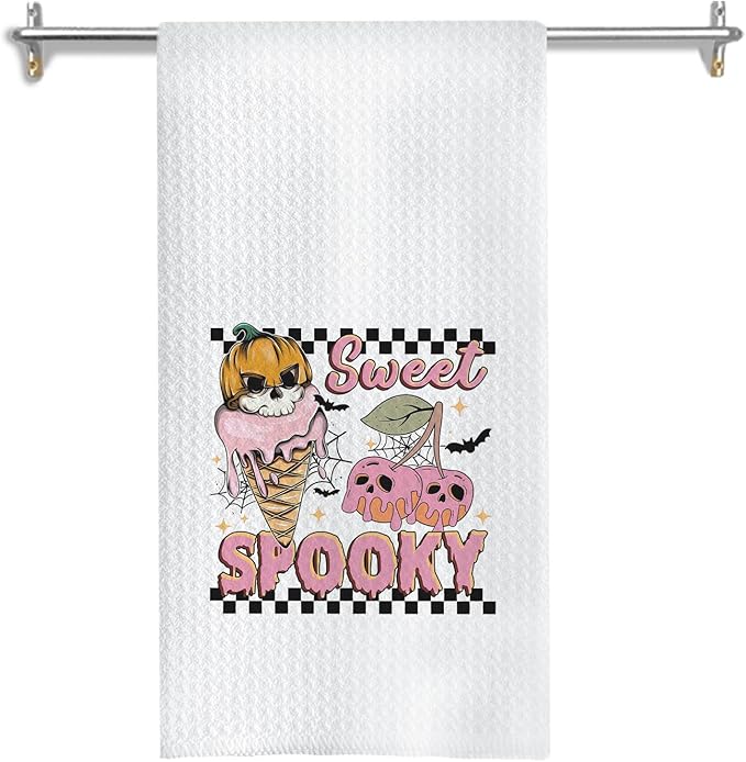 Preppy Halloween Kitchen Towels, Ice Cream Lovers Gifts Dish Tea Towels for Kitchen Decor, Spooky Ice Cream Cherry Halloween Skull Decorative Hand Towel for Bathroom, 16x24 Inches