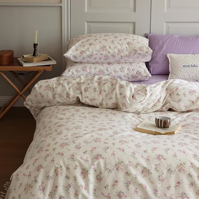 Vintage Style Pink Purple Floral Duvet Cover King 100% Cotton Chic Garden Floral Bedding Set Botanical Flower Comforter Cover with 2 Pillowcases Cottagecore Bedding Cover King with Zipper Closure