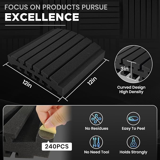 Focusound 36 Pack Curved Acoustic Foam Panels 3" x 12" x 12" Sound Proof Foam Panels Soundproofing Noise Cancelling Wedge Panels for Home Office Recoding Studio with 240 PCS Double-Side Adhesive
