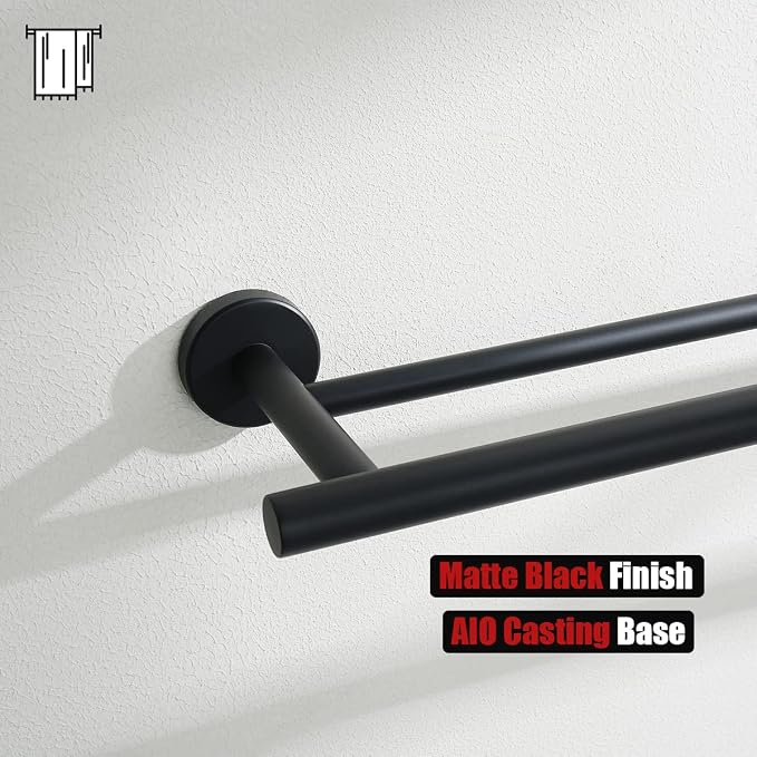 JQK Double Towel Bar Black, 15 Inch 304 Stainless Steel Thicken 0.8mm Towel Rack Holder for Bathroom Washcloths and Hand Towels, Matte Black Wall Mount, Useable Length 12 Inch, TB100L12-PB