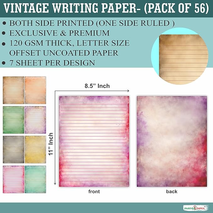 PARTH IMPEX 56 Sheets Vintage Lined Writing Paper 8.5x11 - Letter Size Ruled Stationery Rustic Old Looking Letterhead Printer Paper - 120gsm Thick Uncoated Decorative Colored Antique Aged Design