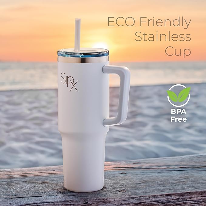 SIPX™ 40 oz Insulated Tumbler with Handle & Straw – Vacuum Insulated Stainless Steel, Leakproof, Cupholder Friendly – Perfect for Iced Coffee, Water & Travel – White