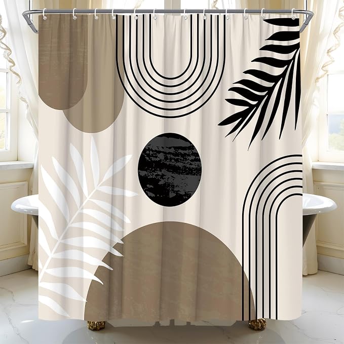 Mid Century Modern Shower Curtain Boho Brown Abstract Retro Aesthetic Fabric for Bathroom Decor Bathtub with Hooks (67" WX70 H)