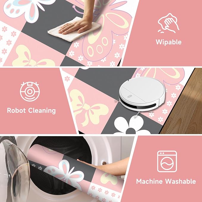 4'x6' Butterfly Area Rug Pink Butterfly Checkered Rugs for Bedroom Living Room Nursery Kitchen Playroom Home Decor Cute Flower Carpet Washable Non Slip Floor Mat