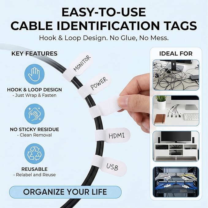 Eersida 60 Pieces Self Adhesive Cable Labels Wire Labels Nylon Writable Cord Tags Waterproof White Wire Cable Tags for Electronics Office Computers Management and Identification (Oval,2.36 Inch)