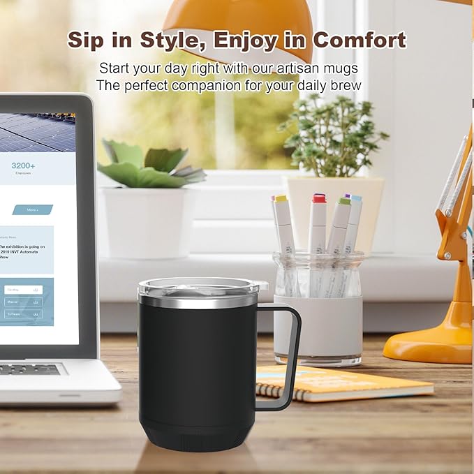 Felibeaco 16oz Heated Coffee Mug with Flat Bottom for Rapid Heating, Stainless Steel Heated Coffee Cup Suitable for Different Coffee Mug Warmer/Heaters, Heated Mug/Cup for Home and Office Desk,Black
