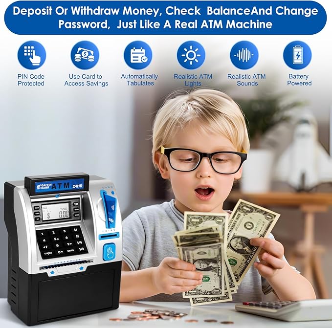 ATM Piggy Bank for Real Money – Mini ATM Bank Machine with Card & PIN, Coin & Note Recognition, Balance Calculator – Fun Electronic ATM Savings Bank for Teenagers & Adults