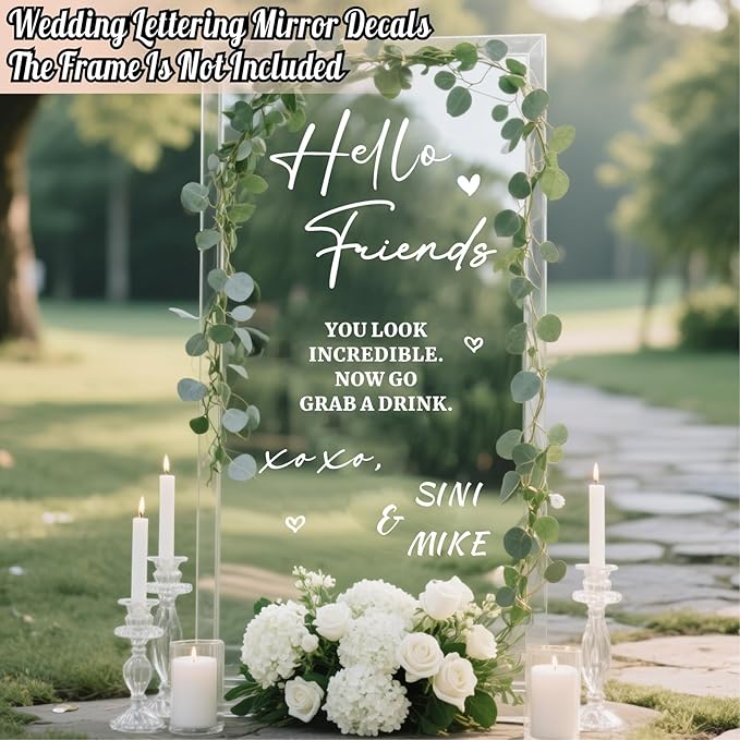 Personalized Wedding Welcome Sign Decals for Mirror Selfie Mirror Vinyl Decal for Wedding Party Entry DIY Bride and Groom Names Stickers Hello Friends Sign Decal for Seating Chart Board Backdrop Decor