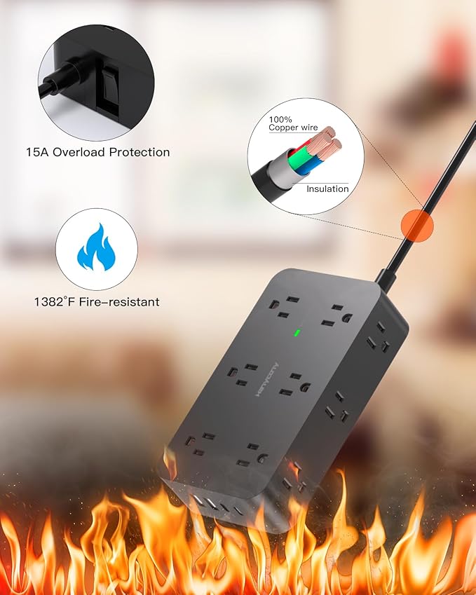 Power Strip Surge Protector with 12 Outlets 4 USB Ports(2 USB C), HANYCONY Black Flat Extension Cord 6 Feet, 1800J, Wall Mount, Desk Charging Station for Office Home College Dorm Room Essentials