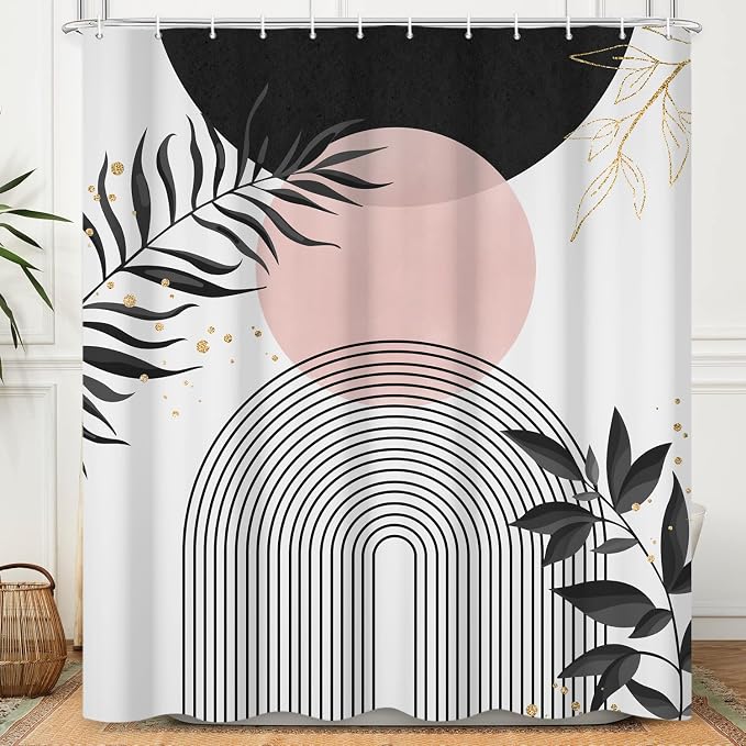 Boho Mid Century Shower Curtain, Black Pink Modern Minimalist Abstract Geometric Gold Plant Leaves Sun Arch Bathroom Curtains Waterproof Fabric Buthtub Curtain Set with Hooks 72" Wx72 L