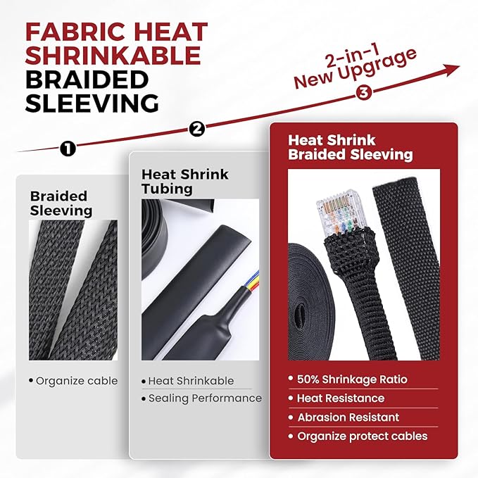 Braided Sleeving Heat Shrinkable Fabric 2:1 Ratio- Abrasion Protection Flexibility Wiring Harness Cable Sheath (3/8" ID, 16ft)