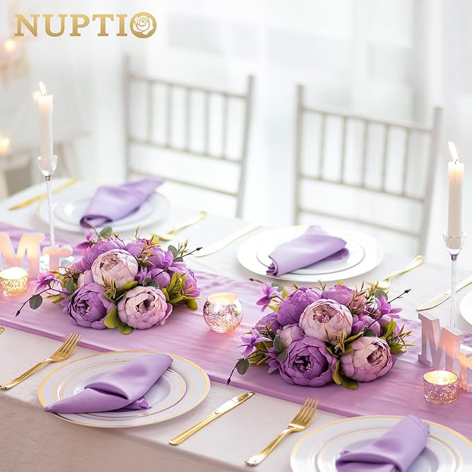 NUPTIO Peony Artificial Flowers for Centerpieces: 2 Pcs 9.4 inch Diam Purple Faux Peony Flowers Fake Flower Balls Arrangement Bouquet Wedding Centerpieces for Tables Wedding Centerpiece Decorations