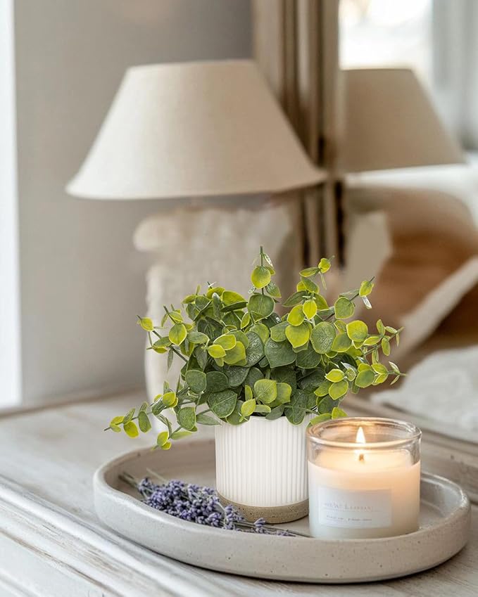 Coferset Small Fake Eucalyptus Potted Plants 9.5" Indoor Fake Plants Small Artificial Eucalyptus with Ceramic Pot-Realistic Greenery for Shelf Office Desk Home Bathroom Table Decor