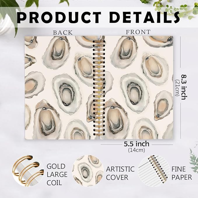 dvhdajed Coastal Beach Oyster Spiral Notebook, Coastal Ocean Beachy Journaling Notebooks, Oyster Gifts Spiral Journal for Women, Ocean Office School Supplies Gifts, 5.5x8.3In