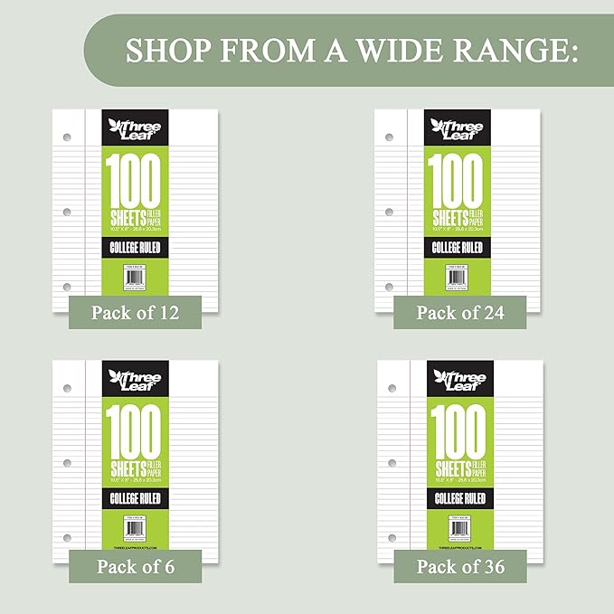 Three Leaf 100 Sheets College Ruled Filler Paper, 2880 Ct. (80 Cases X 36 Filler Paper), Loose-Leaf Sheets For School And Office