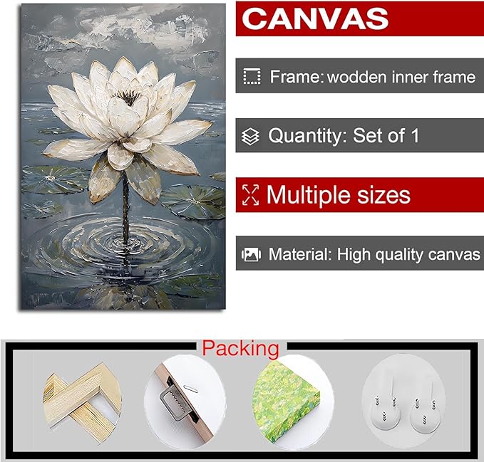 Stunning white lotus emerges from prismatic water with delicate petals background Serene aquatic wall art suitable for modern minimalist decor 12x18in Wood Framed