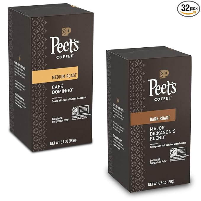 Peet’s Major Dickason’s & Domingo Coffee Pods – 32 Count (2 Packs of 16) – Dark Roast & Medium Roast Variety Pack with Bold, Smooth Flavor – Compatible with Pelecom Coffee Machines – Peet’s Coffee Pods