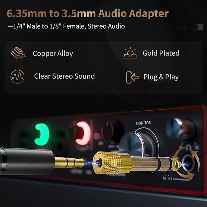 Nadadora 6.35mm (1/4 Inch) Male to 3.5mm (1/8 Inch) Female Stereo Audio Adapter, 1/4 to 1/8 Headphone Jack Converter for Guitar Amp, Mixer, Speaker, Earphones, AUX Cable 2 Pack