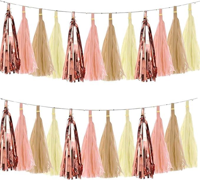 We Moment Rose Gold Peach Brown Tissue Paper Tassels Party Tassel Garland Banner for Boho Birthday Bridal Shower Wedding Bachelorette Baby Shower Decorations DIY Kits,20PCS