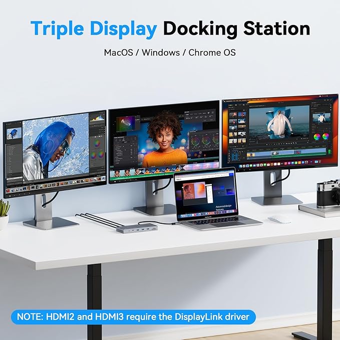 4URPC Laptop Docking Station Triple Display with 120W Power Adapter, Displaylink Docking Station 3 Monitor for MacBook/Mac mini M4, Windows(3 HDMI, 5 USB, Ethernet, SD/microSD)