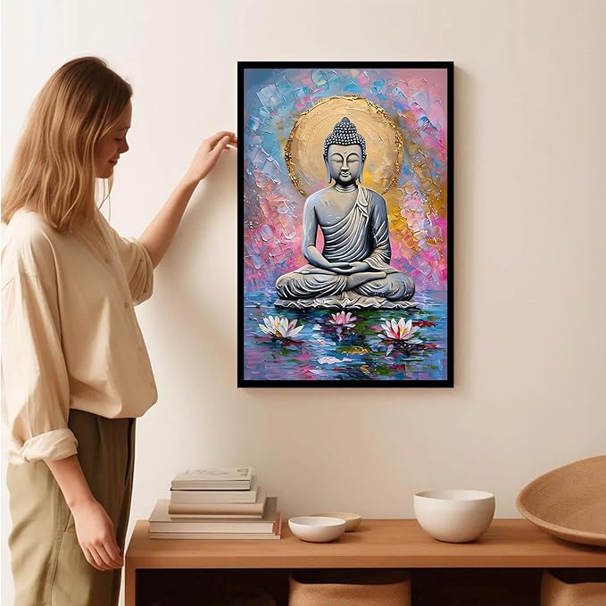 Lotus and golden Buddha meditation tranquil zen wall art mindfulness wall art for spiritual harmony and tranquility decor 12x18in Metal blackFramed