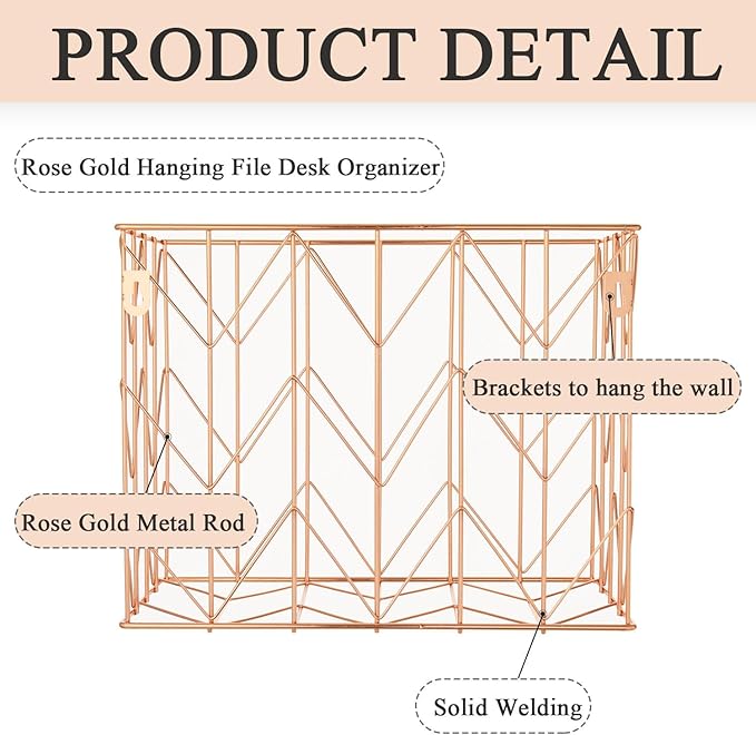 Beramon 1 Pack Rose Gold Hanging Folder Desk Organizer Decorative Organizer Metal Wire Baskets Suitable for Hanging file folder Design for Home Offices Supplies, 9.4 X 11.8 Inch