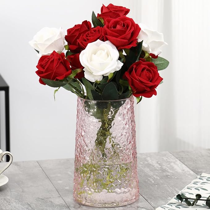 Pink Glass Vase, Flower Vases for Bouquet, Modern Glass Vase for Flowers, Large Vases for Living Room, Bedroom, Kitchen, Office, Wedding, Dining Table, 8 Inches
