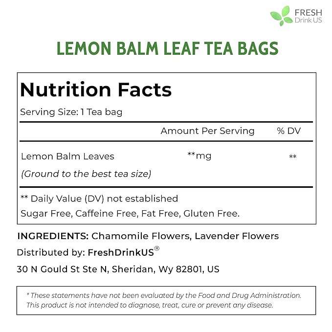 FreshDrinkUS, Lemon Balm Tea Bags | 75 Count |100% Pure Melissa officinalis – Naturally Calming Herbal Tea | Caffeine-Free, Premium Quality, Refreshing Flavor, Sustainably Sourced