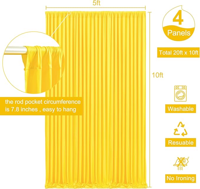 4 Panels Yellow Backdrop Curtain for Parties Wrinkle Free Lemon Yellow Photo Curtains Backdrop Drapes Fabric Decoration for Birthday Party Wedding Baby Shower 20ft(W) x 10ft(H)