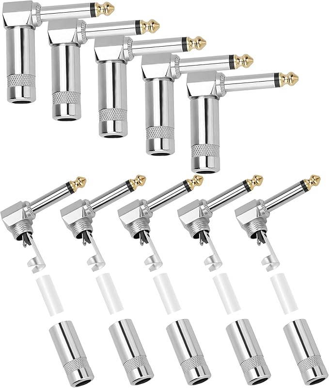 Togconn Right Angle 6.35mm 1/4 Inch TS Mono Plug 10 Pack, 90 Degree 1/4" Solder Type DIY Audio Cable Adapter Connector, Metal Housing for Guitar/Speaker/Microphone Audio Cable Repair Replacement