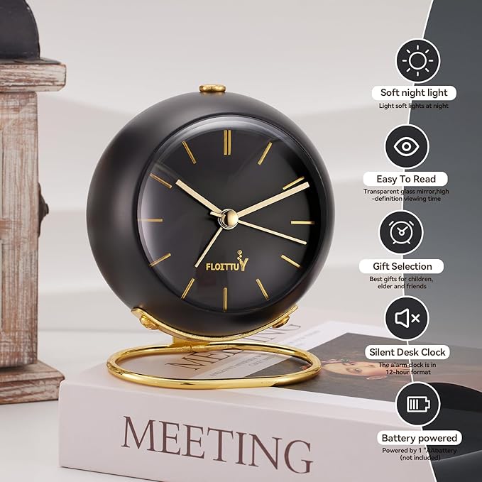 FLOITTUY Silent Table Analog Alarm Clock No Ticking, Lighted on Demand and Battery Operated, Beep Sounds, Small Desk Clock(Shiny Black)