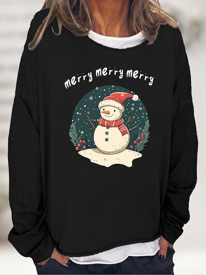 LOAIHA Christmas Shirts for Women Crewneck Snowman Snowflake Santa Graphic Shirts Christmas Tree Long Sleeve Xmas Hoodie