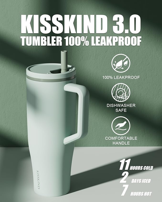 KISSKIND 40 oz Tumbler with Handle and Straw | Lumi Spin Hidden Straw 100% Leakproof Insulated Tumbler | Stainless Steel Water Bottle for Mom, Nurse, Teacher | Green