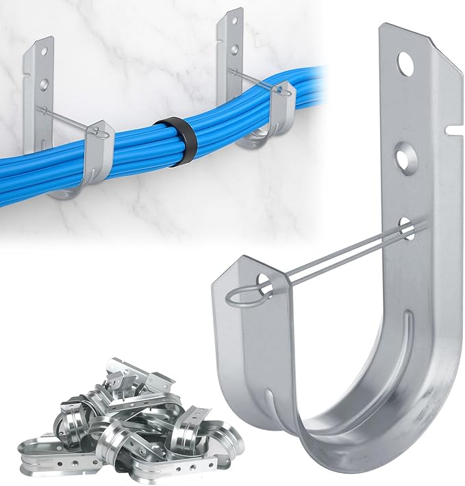 2" Galvanized Steel J-Hooks, Heavy Duty Wall Mount Cable Support J Hook with Retainer Clip for Cable Management (50 PCS)