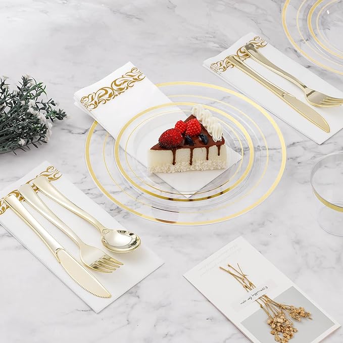 BESTVIP 700PCS Clear Gold Disposable Dinnerware Set for 100 Guests, Plastic Plates for Party, Wedding, Christmas, Halloween, Include: 200 Plastic Plates, 100 Gold Silverware, 100 Cups, 100 Napkins