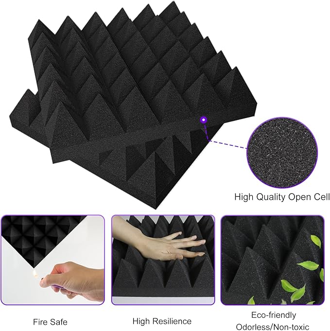 TroyStudio Thick Acoustic Foam Panels, 12 X 12 X 3 Inch, 12 Pcs Broadband Sound Absorbing, Dense Soundproof Padding Tile, Recording Studio Foam Absorber, Pyramid Decorative 3D Wall Ceiling Panel