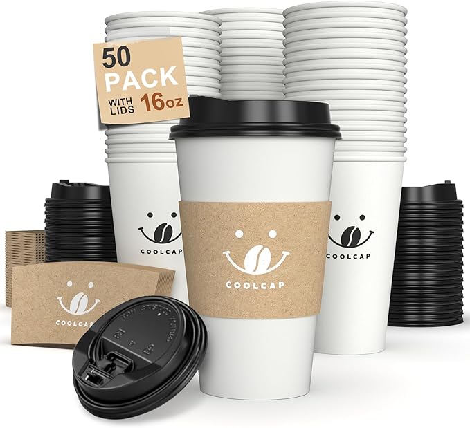 Coolcap Coffee Cups with Lids and Sleeves, 16 oz 50 pack To Go Cups with Lids, Paper Hot Coffee Cups for Hot & Cold Beverage (White, 16 oz)