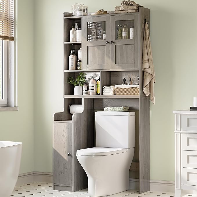 Itaar Over The Toilet Storage Cabinet, Over Toilet Bathroom Organizer with Glass Doors & Toilet Paper Holder Stand, Home Space-Saving Toilet Rack, for Bathroom, Restroom, Laundry, Grey