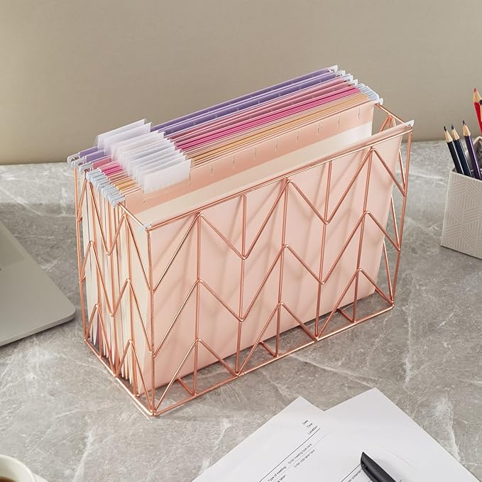 Beramon Hanging File Folder Kit Includes 1 Rose Gold Hanging File Desk Organizer and 24 Pack Hanging File Folders Letter Size with 1/5 Cut Tabs Design for School Office Home Supplies, Pink Design