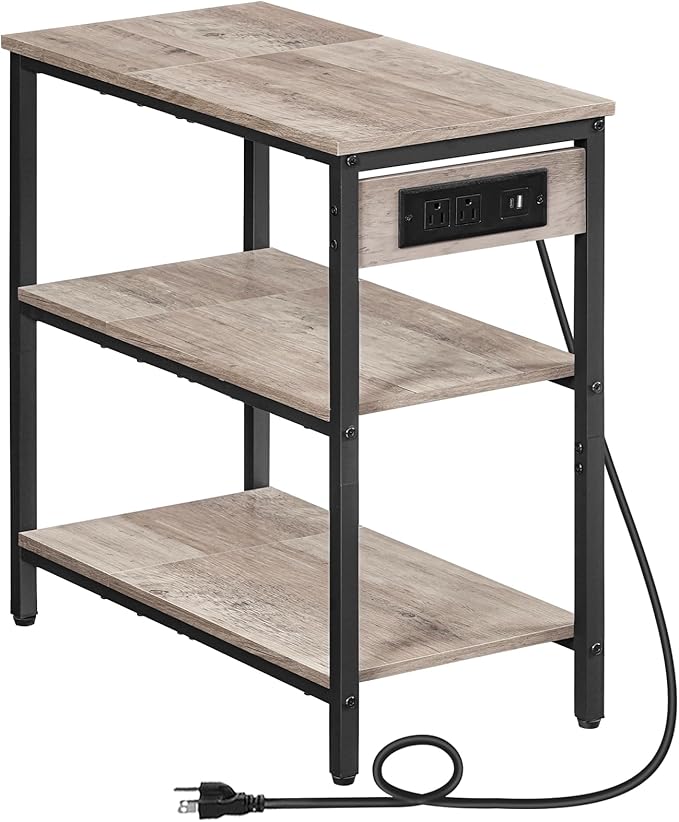 HOOBRO End Table with Charging Station, Simple Rustic Side Table with 3-Tier Storage Shelf, Narrow Nightstand for Small Spaces, for Living Room, Industrial Design, Greige and Black BG149UBZ01