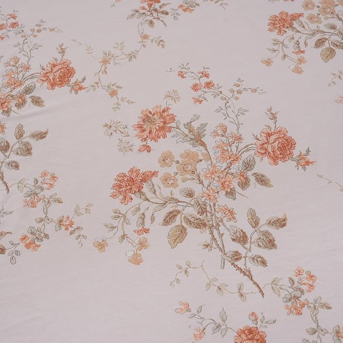 Zusbest King Size Sheets 100% Percale Cotton Orange Floral Bed Sheet Set, Brushed for Extra Softness, Breathable Luxury Flannel Sheets Like Shabby Vintage Flower Print Deep Pocket Bed Set 17.5'' 4 Pcs
